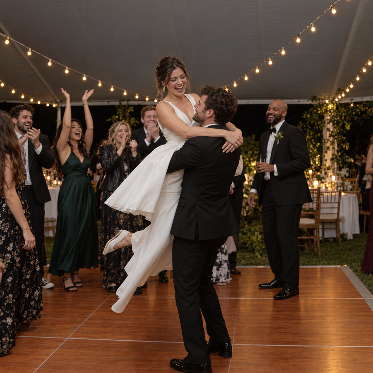 Casal celebrando na pista de dança, cercado por convidados.