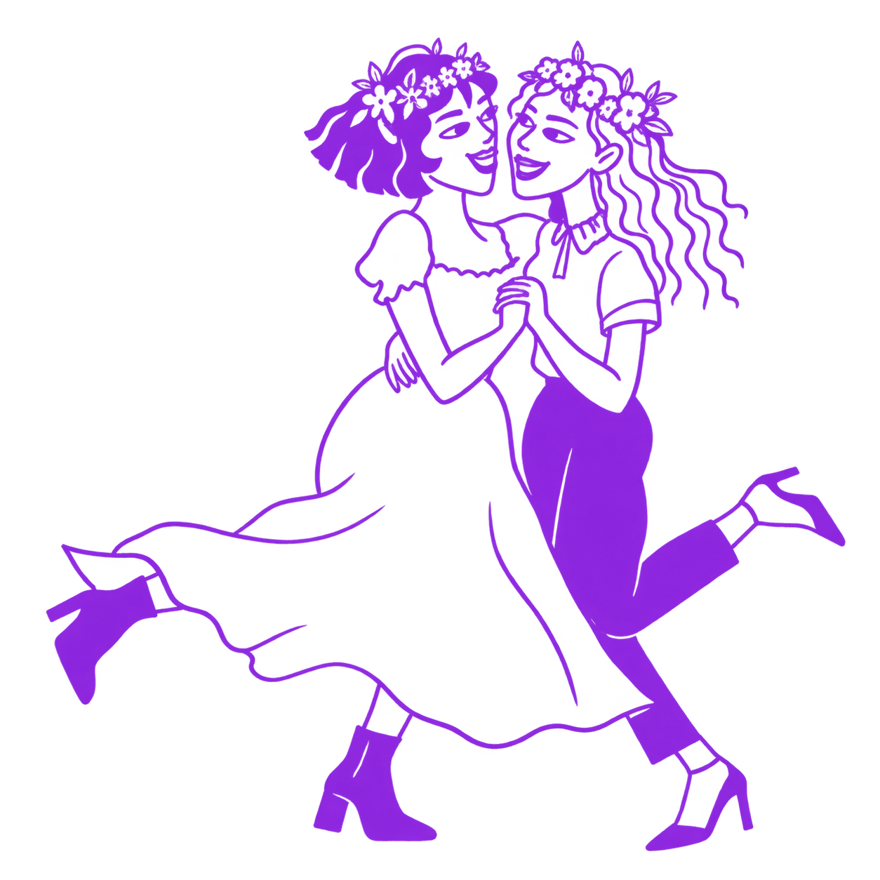 Ilustração em roxo de duas noivas dançando juntas.